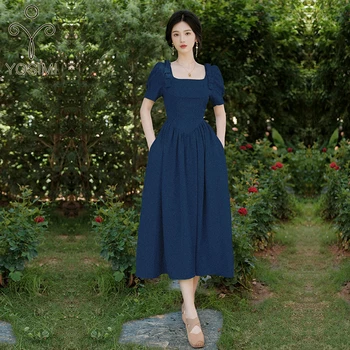YOSIMI Kadınlar uzun elbise Zarif 2022 Yaz Vintage Kare Yaka Kadın Elbise Orta buzağı Kısa Kollu A-Line Mavi Elbise kadınlar için