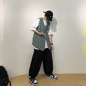 Yelekler Erkekler Tasarlanmış Yüksek Sokak Ekose Baskılı Şık Ins Japonya Tarzı Erkek Kargo Yelekler Gevşek Çok Cepler Moda Tüm maç