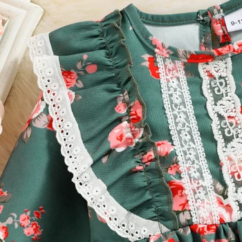 PatPat Bebek Kız Allover Çiçek Baskı Uzun kollu fırfır etekli Vintage Dantel Parti Elbise