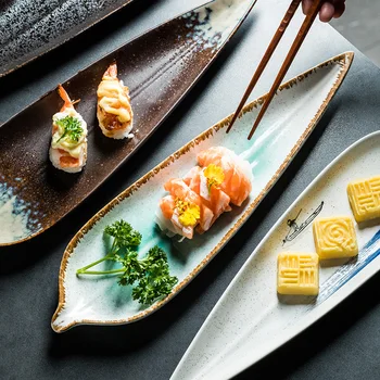 Japon tarzı uzun yaprak plaka yaprak şeklinde seramik tabak suşi tabağı dim sum plaka restoran yaratıcı tabak çanak düz plaka