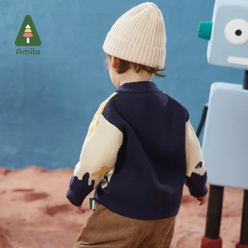 Amila bebek Kazak 2022 Kış Yeni Robot Desen Yuvarlak Boyun Sıcak Örgü Kazak Erkek ve Kız Doodle Moda Casual Tops