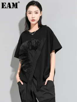 [EEM] Kadınlar Siyah Organze Çiçek Düzensiz Büyük Boy T-shirt Yeni Yuvarlak Boyun Kısa Kollu Moda Gelgit Bahar Yaz 2023 1DE7644