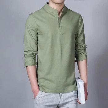 2022 Yeni erkek Nefes Keten Gömlek Standı Yaka Uzun Kollu Kazak Düz Renk İş Elbisesi