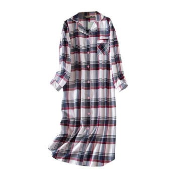 Gece elbisesi Pamuk Nightgowns Kadınlar Klasik Ekose Uyku Gömlek kadın Gecelik Göğüs Cebi ile Pijama Gömlek Uzun Kollu 0