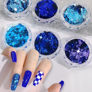 1 Kutu Mavi Renk Serisi Büyük Tırnak Pul Yanıp Sönen Altıgen Tırnak Pul Glitter Ayna Degrade Tırnak Sanat Tasarımları