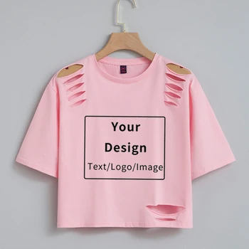 Özel Dıy Kırpma Üst T Shirt Baskı Logo Grafik Tee Bayanlar Özelleştirilmiş Pamuk Tişört Kadın kısa Kollu delikli tişört Yaz