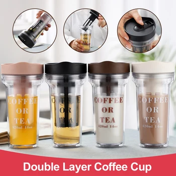 420ML Yalıtımlı Kahve Kupa Çift Duvar Plastik kahve fincanı Sızdırmaz Kapaklı Demlik Gevşek Çay Soğuk Demlemek Bardak Su Bardağı