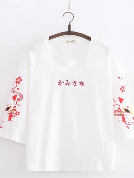 2022 Yaz Kadın pamuklu tişört Moda Karikatür Nakış Taban Üstleri Yuvarlak Boyun Kısa Kollu Gevşek Kadın Japonya Harakuju Tops