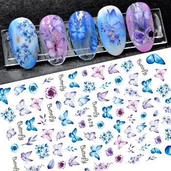 Yeni Mavi Mor Kelebek Çıkartmalar Çivi için Güzel Manikür Decoraciones Gül 3D Tırnak Sticker Sanat Kaydırıcılar Tasarım Aksesuarları
