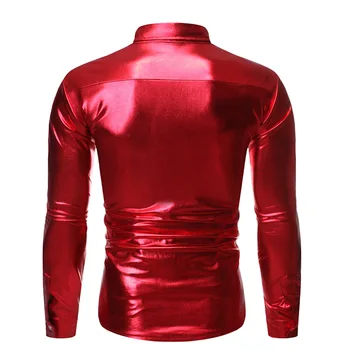 Erkek Metalik Parlak Kırmızı Pullu Disko Gömlek 2019 Marka Uzun Kollu Düğün Parti Glitter Gömlek Dans Balo Clubwear Kostüm S-XL