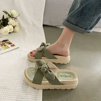 2022 Yeni Peri Rüzgar Bayanlar Yaz Flip-Flop Düz platform sandaletler Yay Düğüm Yaz Flip-Flop Kadın Sandalet Büyük Boy