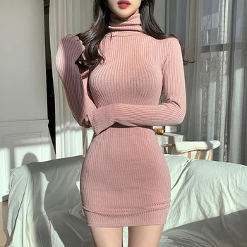 TVVOVVIN Kore 2021 Sonbahar Temel Kış Balıkçı Yaka Pembe Örme Kazak Mini Elbise Zarif Asya Bayan Elbise Hiver Streetwear A8YN