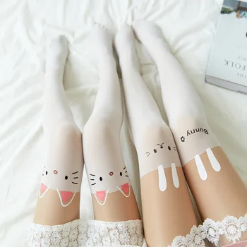 Karikatür Kedi Uyluk Çorap Okul Kız Çorap Sevimli Diz üstü Çorap Külotlu Japon Lolita Retro Beyaz Sıcak Klasik Tayt
