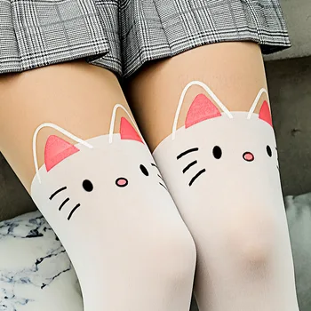 Karikatür Kedi Uyluk Çorap Okul Kız Çorap Sevimli Diz üstü Çorap Külotlu Japon Lolita Retro Beyaz Sıcak Klasik Tayt 4