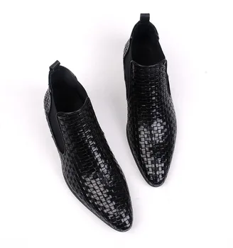 Moda erkek Yaz Hakiki Deri yarım çizmeler Üzerinde Kayma Siyah Sivri Erkek Elbise Botları Resmi Marka Örgü Chelsea Çizmeler erkek ayakkabısı 5