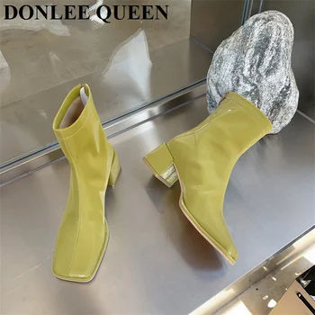 Moda Kadın Kare Ayak yarım çizmeler Şeker Renk Yüksek Topuk Ayakkabı Kış Sonbahar Ayakkabı Marka Chelsea Patik Botas De Mujer