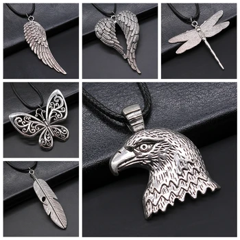 Hayvan Kolye Vintage Antik Gümüş Renk Yusufçuk Kelebek Baykuş Tüy Kanat Kuş Kartal Kolye Siyah Deri Zincir