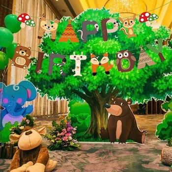 Orman Hayvan Tema Doğum Günü Bayrağı Yükselterek Çocuk Mutlu Doğum Günü Partisi Dekorasyon Doğum Günü Bayrağı Yükselterek Afiş Sahne Düzeni 1