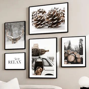 Duvar sanatı tuval yağlıboya Noel Kış Çam Ormanı Geyik Lynx Modern Oturma Odası Dekorasyon Posterler Ve Baskılar Duvar Resimleri