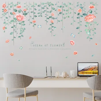 Duvar kağıdı Çiçek Duvar Sticker İskandinav Oturma Odası duvar çıkartmaları Çiçekler Dekor Yatak Odası Kız Pembe Odası Dekor Yeşil Yapraklar Dekor