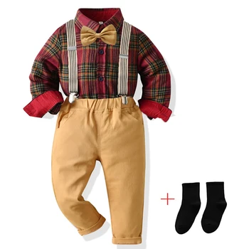 Erkek bebek Beyefendi Takım Elbise Gömlek papyon + Askı Pantolon Setleri Noel Festivali Parti Seti Yakışıklı Çocuk Erkek Giyim