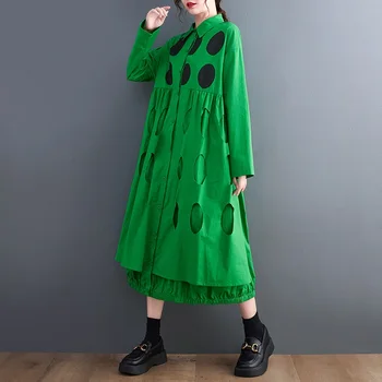Uzun kollu büyük boy pamuk vintage Polka Dot elbiseler kadınlar için rahat gevşek bahar sonbahar gömlek elbise zarif giyim 2022
