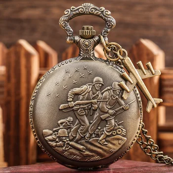 Vintage Bronz erkek Büyük cep saati Savaşçı İnce Zincir Uçak Etiketi ile Yüksek Dereceli Kuvars Kolye Saat Değerli Koleksiyon