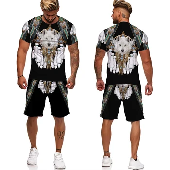 Hint Tarzı Kurt 3D baskılı tişört / Şort / Takım Elbise erkek Rahat Kısa Kollu 2 Parça spor giyim seti Eşofman Yaz Erkek Giyim 1