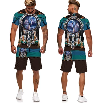 Hint Tarzı Kurt 3D baskılı tişört / Şort / Takım Elbise erkek Rahat Kısa Kollu 2 Parça spor giyim seti Eşofman Yaz Erkek Giyim 2