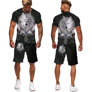 Hint Tarzı Kurt 3D baskılı tişört / Şort / Takım Elbise erkek Rahat Kısa Kollu 2 Parça spor giyim seti Eşofman Yaz Erkek Giyim 3