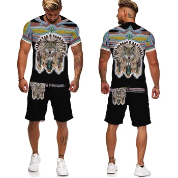 Hint Tarzı Kurt 3D baskılı tişört / Şort / Takım Elbise erkek Rahat Kısa Kollu 2 Parça spor giyim seti Eşofman Yaz Erkek Giyim 5