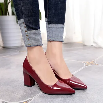 Yeni Kadın Pompaları Siyah Yüksek topuklu 7.5 cm Bayan Rugan Sığ Kalın Sonbahar Sivri Tek ayakkabı Slip-On kadın ayakkabısı