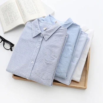 Pamuklu kadın Oxford Gömlek 2022 Sonbahar Yeni Bayanlar Casual Bluz ve Üstleri Kolej Tarzı Bayan Mavi Beyaz Çizgili Gömlek Elbise
