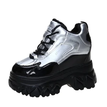 Kış Lace Up Takozlar rahat ayakkabılar Kadınlar Gümüş Tıknaz Ayakkabı 11cm Platform Çizmeler Tenis yürüyüş ayakkabısı Eğitmenler Baba Ayakkabı Kadın