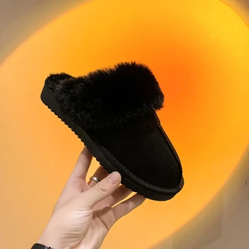 Comwarm Yeni Kış Marka Peluş pamuk terlikler Kadın Flats Ayakkabı Moda Platformu Rahat Ev Süet Kürk Sıcak Slingback Flip Flop 5