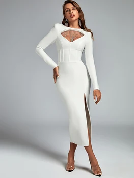 Kristal Uzun Bandaj Elbise Kadınlar Maxi Akşam Parti Elbise Bodycon Zarif Seksi Beyaz Uzun Kollu Noel Doğum Günü Kıyafeti 2023 0