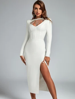 Kristal Uzun Bandaj Elbise Kadınlar Maxi Akşam Parti Elbise Bodycon Zarif Seksi Beyaz Uzun Kollu Noel Doğum Günü Kıyafeti 2023 2