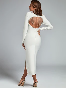 Kristal Uzun Bandaj Elbise Kadınlar Maxi Akşam Parti Elbise Bodycon Zarif Seksi Beyaz Uzun Kollu Noel Doğum Günü Kıyafeti 2023 3