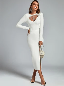 Kristal Uzun Bandaj Elbise Kadınlar Maxi Akşam Parti Elbise Bodycon Zarif Seksi Beyaz Uzun Kollu Noel Doğum Günü Kıyafeti 2023 4