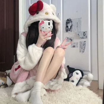 Kawaii Hello Kitty Flanel Pijama Kış Sıcak Peluş Pijama Anime Kt Kedi Tatlı Kız Gecelik Elbiseler Kadınlar için Tatil Hediye
