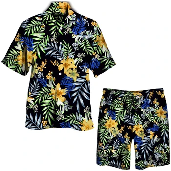 Tropikal Çiçek Baskı Hawaii Setleri erkek Rahat Kısa Kollu Düğme Aşağı Yaka Gömlek Şort Takım Elbise 2022 Yaz 2 Parça Beachwear 0