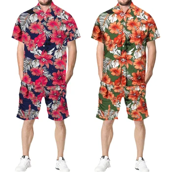 Tropikal Çiçek Baskı Hawaii Setleri erkek Rahat Kısa Kollu Düğme Aşağı Yaka Gömlek Şort Takım Elbise 2022 Yaz 2 Parça Beachwear 1