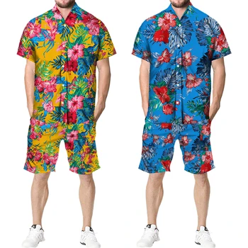 Tropikal Çiçek Baskı Hawaii Setleri erkek Rahat Kısa Kollu Düğme Aşağı Yaka Gömlek Şort Takım Elbise 2022 Yaz 2 Parça Beachwear 2