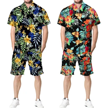 Tropikal Çiçek Baskı Hawaii Setleri erkek Rahat Kısa Kollu Düğme Aşağı Yaka Gömlek Şort Takım Elbise 2022 Yaz 2 Parça Beachwear 3