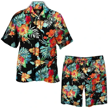 Tropikal Çiçek Baskı Hawaii Setleri erkek Rahat Kısa Kollu Düğme Aşağı Yaka Gömlek Şort Takım Elbise 2022 Yaz 2 Parça Beachwear 4