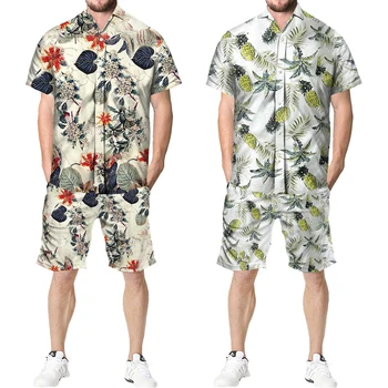Tropikal Çiçek Baskı Hawaii Setleri erkek Rahat Kısa Kollu Düğme Aşağı Yaka Gömlek Şort Takım Elbise 2022 Yaz 2 Parça Beachwear 5