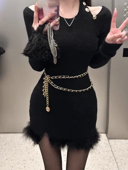 2023 Bahar Örme Kazak Elbise Kadınlar Seksi İnce Tek Parça Elbise Kore Moda Zarif Bodycon Siyah Y2k Mini Elbise Kadın