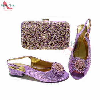 Güzel Kadın Peep Toe İtalyan ayakkabı ve çanta seti Açık Mor Renk Olgun Tarzı Sandalet Shinning Kristal Parti için 0