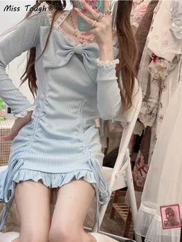 Dantel Kawaii Lolita Tatlı Elbise Kadın Yay Japon Rahat Parti Mini Elbise Kadın Seksi Mavi Prenses Kore Tarzı Elbise 2022 Yeni