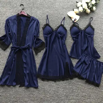 Şık Kadın Gece Giyim Seti Bölünmüş V Boyun Ceket üst giysi Şort Takım Elbise Patchwork 4 Adet Kadın Pijama Yatak Odası için